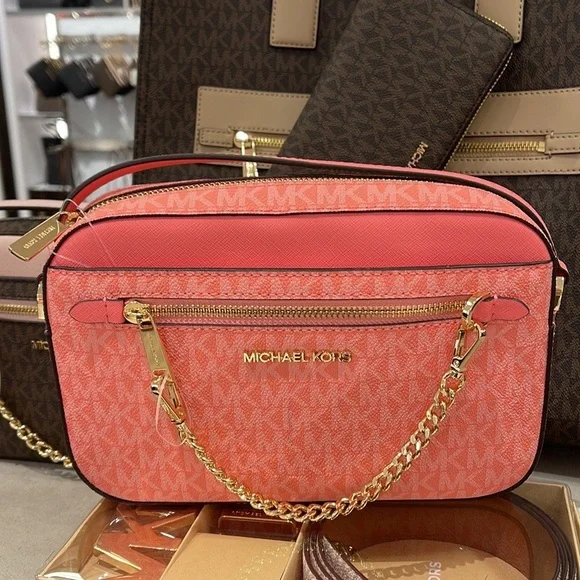 Michael Kors Jet Set Item Large East West Zip Chain Crossbody Grapefruit - Picture 2 of 16